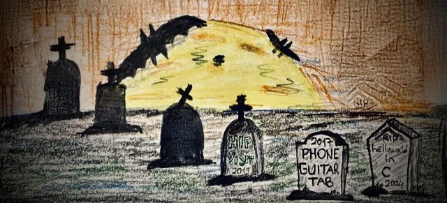 A hand-drawn cemetery at dusk with tombstones for HipVisit, Phone Guitar Tab and hello world in C